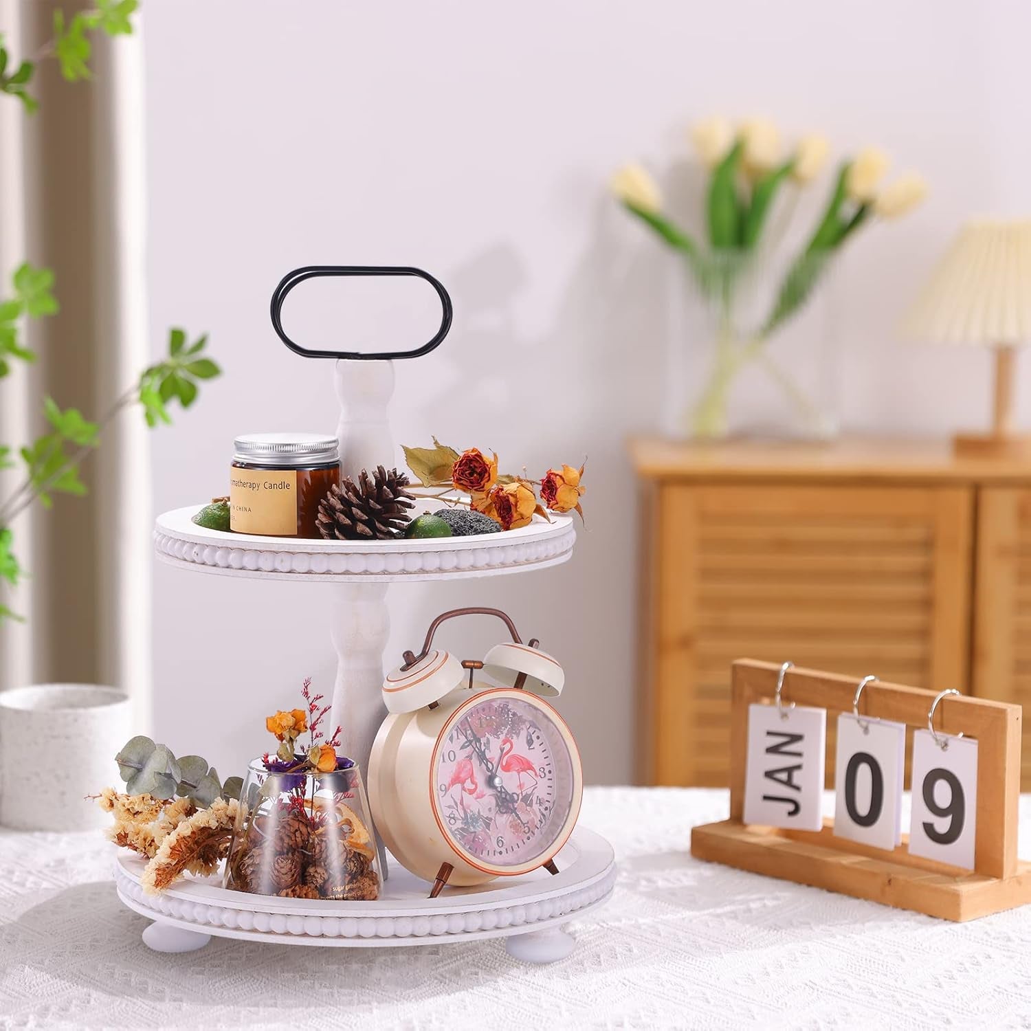Wooden Decorative Tray Two Tiered Trays Decorations round Serving Tray with Metal Handle, Wooden Cupcake Stand for Party Tiered Dessert Stand - Retro White Farmhouse Wood Tray