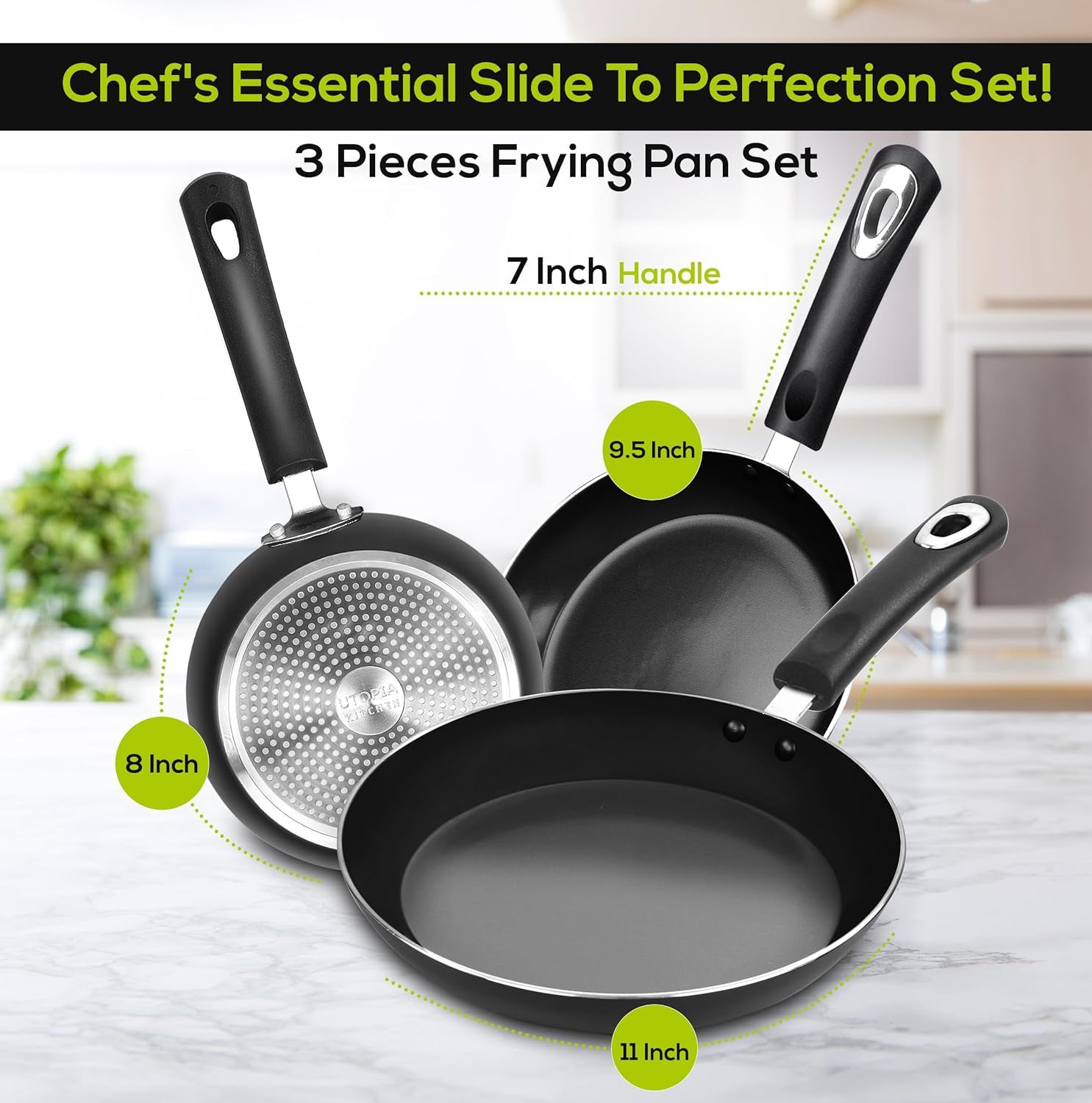 Nonstick Cookware 3 Piece Omelette Pan Skillet Set, Nonstick Frying Pans with Induction Bottom, 8, 9.5 & 11 Inches Frying Pans with Bakelite Handles, PFOA Free, Grey