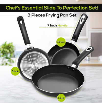 Nonstick Cookware 3 Piece Omelette Pan Skillet Set, Nonstick Frying Pans with Induction Bottom, 8, 9.5 & 11 Inches Frying Pans with Bakelite Handles, PFOA Free, Grey
