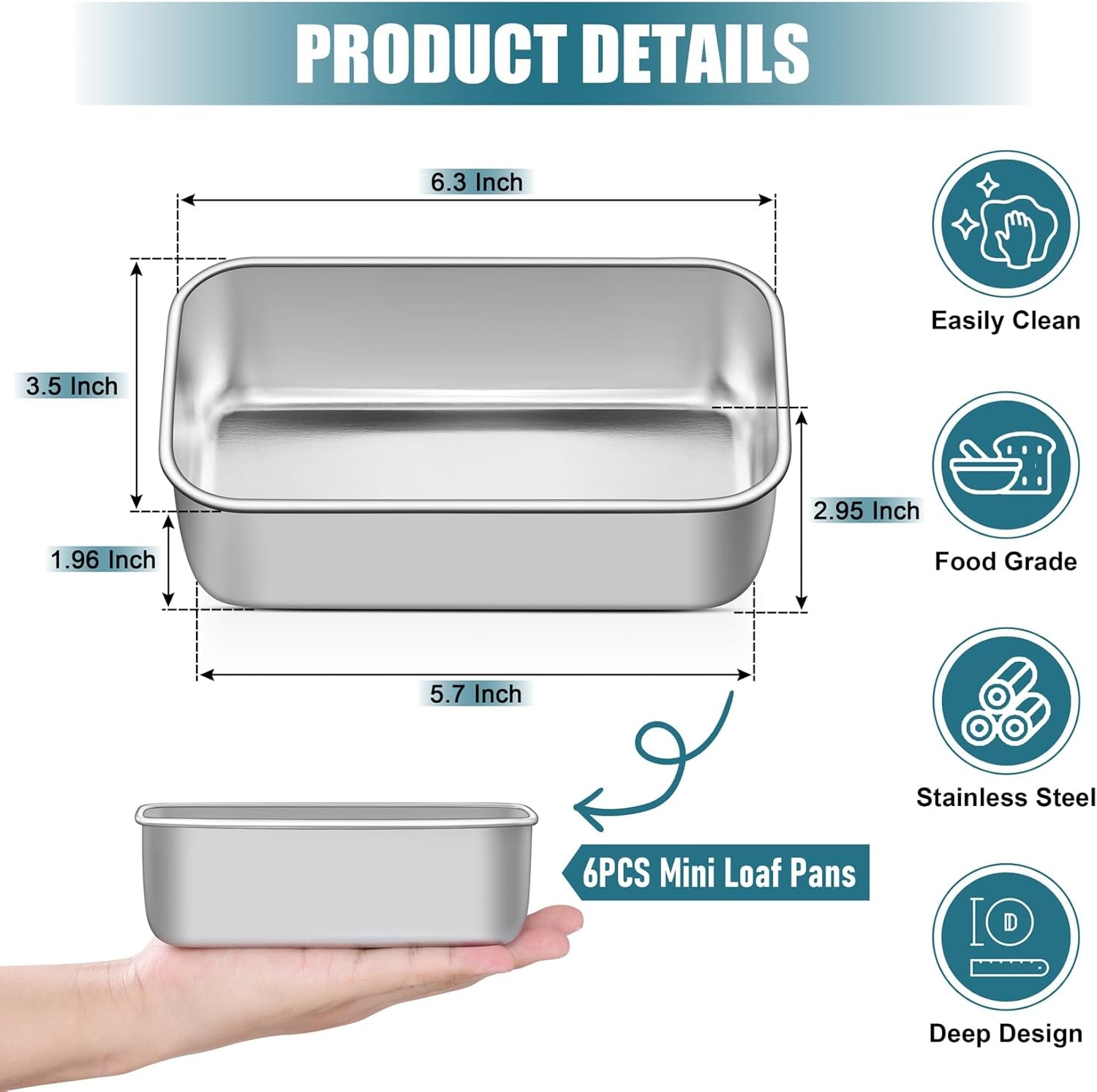 Mini Loaf Pans Set, 6 PCS Small Bread Loaf Pan for Baking, 6.3 X 3.5 Inch Stainless Steel Baking Pans for Homemade Bread, Meatloaf, Cake and Brownies, Healthy & Non Toxic, Dishwasher Safe