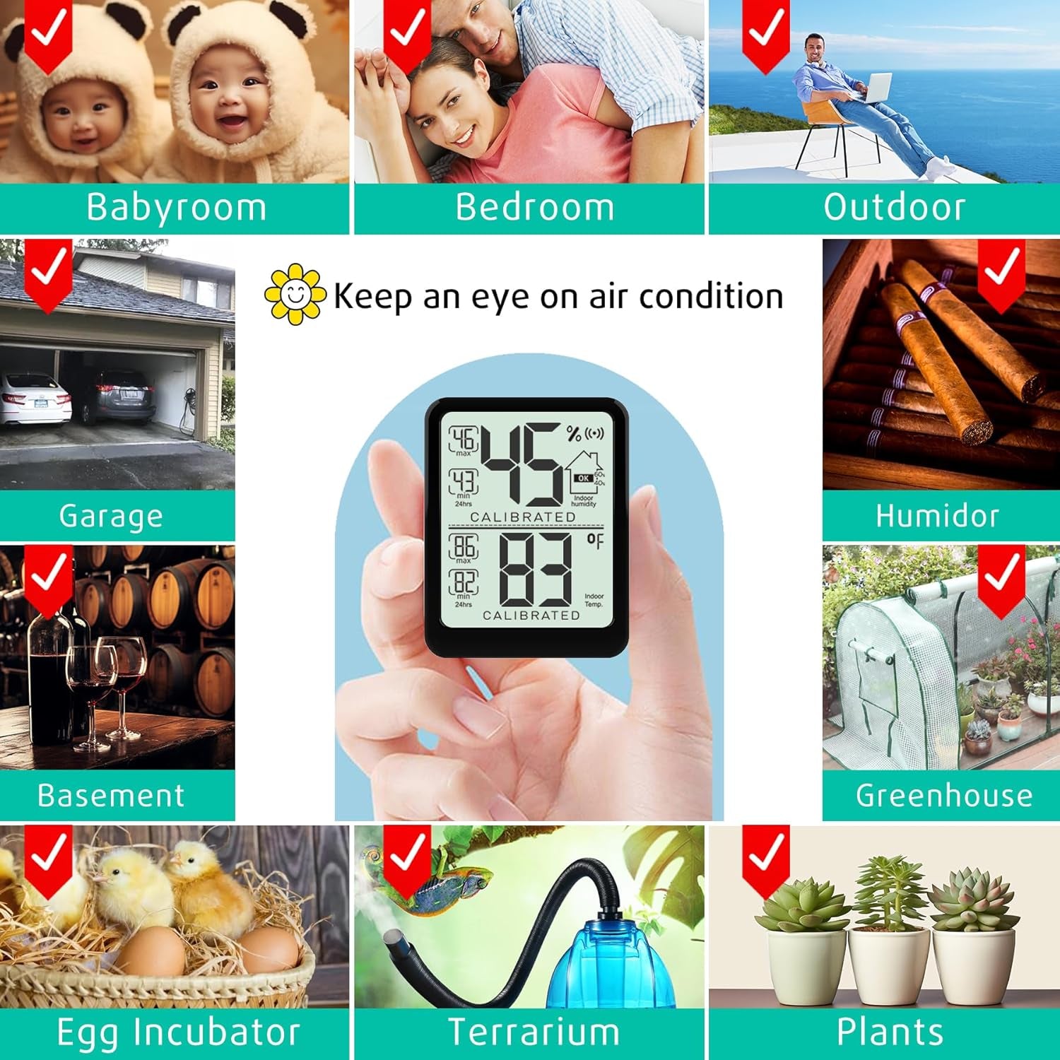 Room Thermometer, Digital Small Hygrometer Indoor Thermometer Humidity Gauge, Temperature Humidity Meter with Max/Min Record Monitor Sensor for Home, Plants - Battery Included