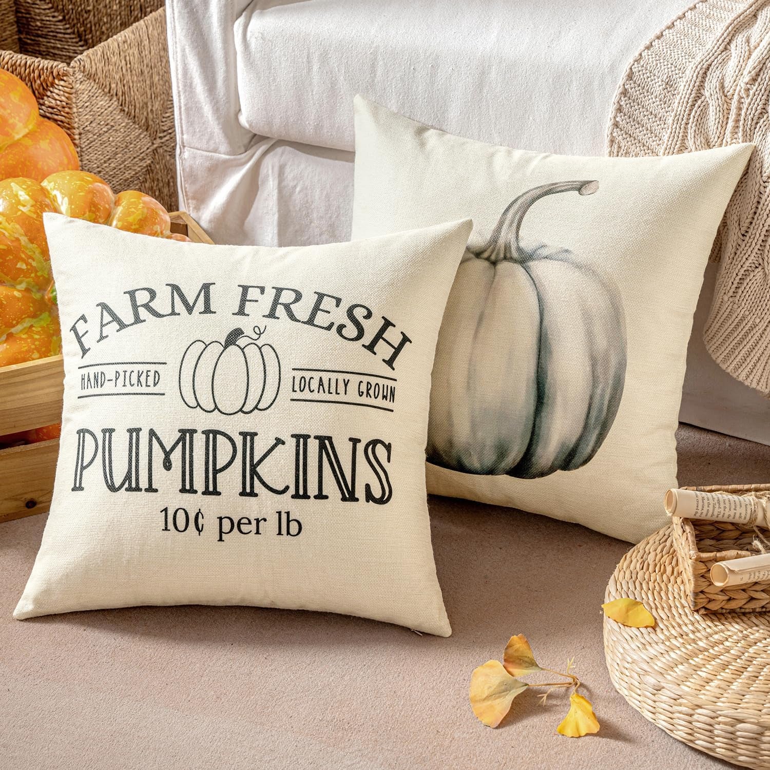 Fall White Pumpkin Throw Pillow Covers 18X18 Inch Thanksgiving Harvest Decorations Cushion Cases for Autumn Sofa Couch Set of 4