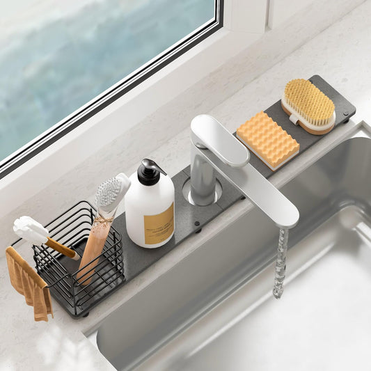 Kitchen Sink Faucet Mat with Brush Holder - 23.6 Inch Absorbent Splash Guard, Diatomite Stone Fast-Drying Mat for Bathroom Counters