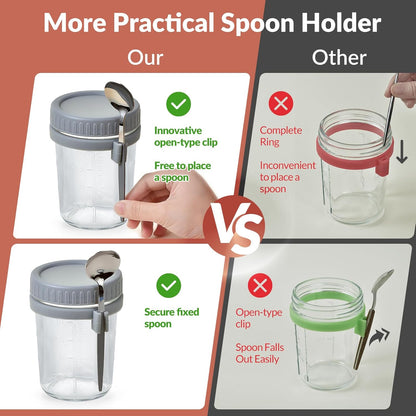 Set of 4 Leak-Proof 16 Oz Glass Mason Jars with Lids and Spoons for Overnight Oats, Cereal, Fruits, Vegetables, Milk, Salad, Yogurt, and Meal Prep