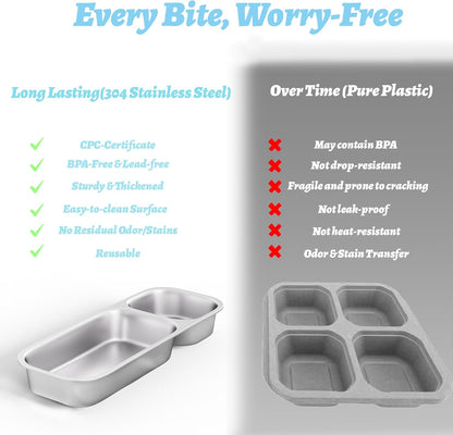 Stainless Steel Snack Containers for Kids Adults, 2 Pack 2 Compartment Metal Snack Containers Box with Lid, Reusable Food Storage Container, Leak Proof, Grab and Go, Blue