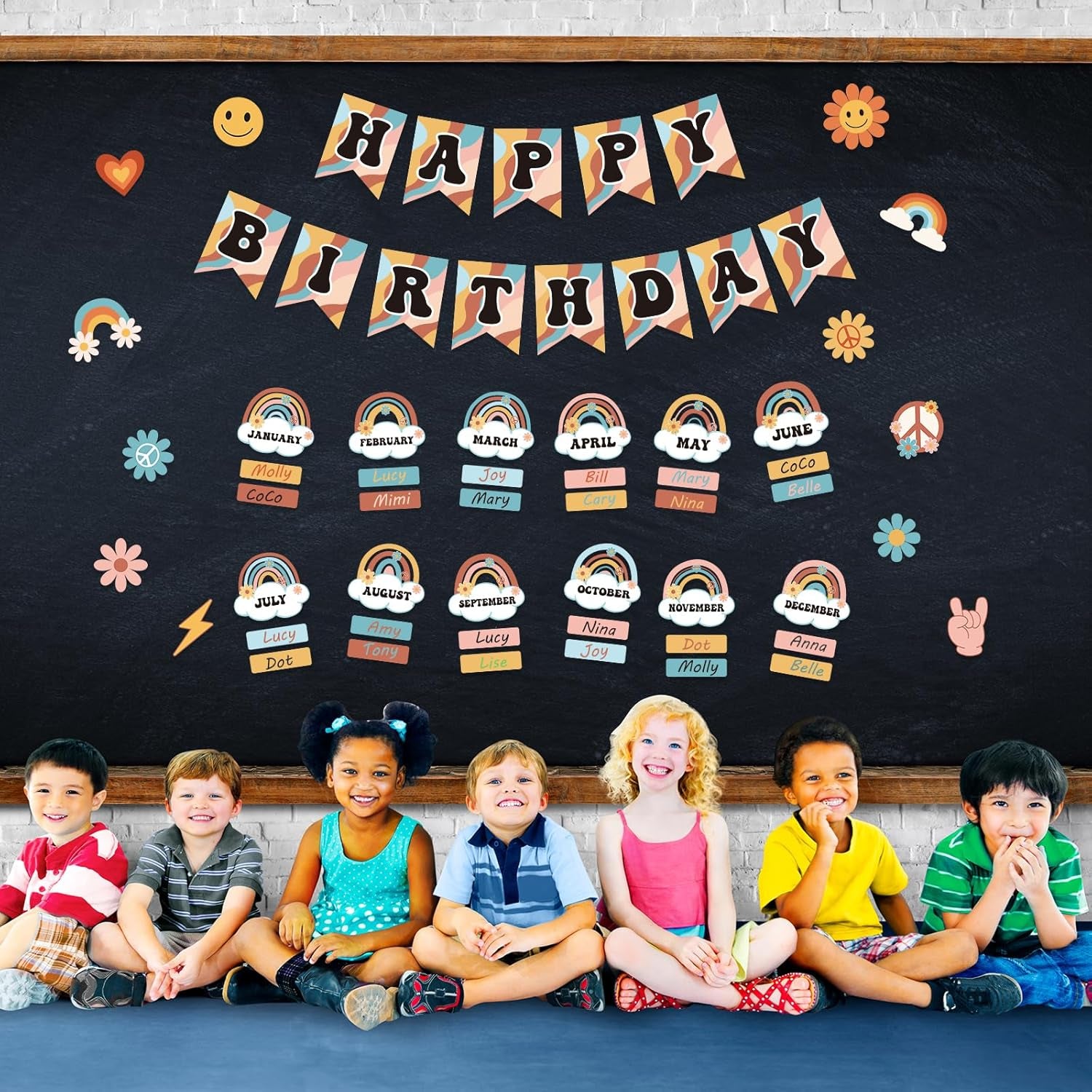85Pcs Retro Classroom Happy Birthday Buletin Boards Set, Groovy Rainbow Theme Chart Calendar Posters with Glue Point for Kindergarten Prechool Wall Decorations