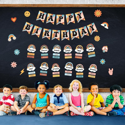 85Pcs Retro Classroom Happy Birthday Buletin Boards Set, Groovy Rainbow Theme Chart Calendar Posters with Glue Point for Kindergarten Prechool Wall Decorations