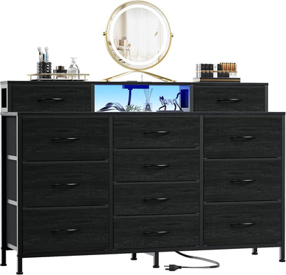 55-Inch Black Dresser with LED Lighting and Power Outlets, Featuring 12 Storage Drawers and 2 Shelves, Ideal for Bedroom, Living Room, or Entryway, Wooden Top with Metal Frame