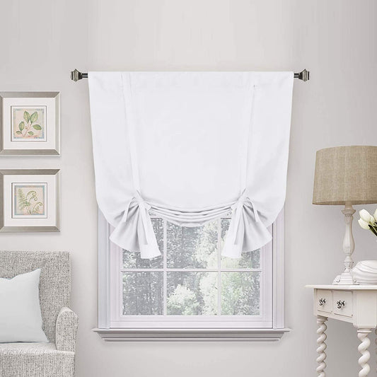 Pure White Curtain Thermal Insulated Tie up Window Shade Light Blocking Curtains for Bathroom, Rod Pocket Panel- 42In Wide by 63In Long