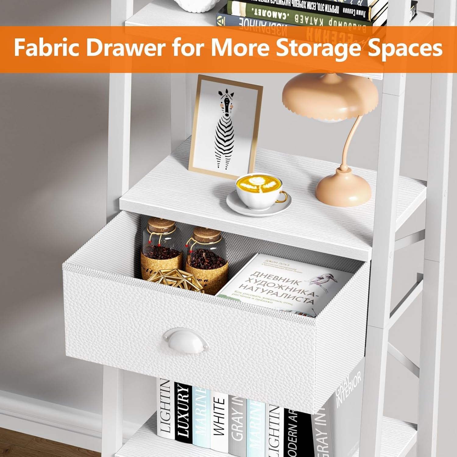 5 Tier Bookshelf, Ladder Shelf with Drawer, Tall and Narrow Bookcase, Storage Shelves Organizer,Industrial Display Standing Units for Bathroom,Kitchen,Bedroom,Living Room,White