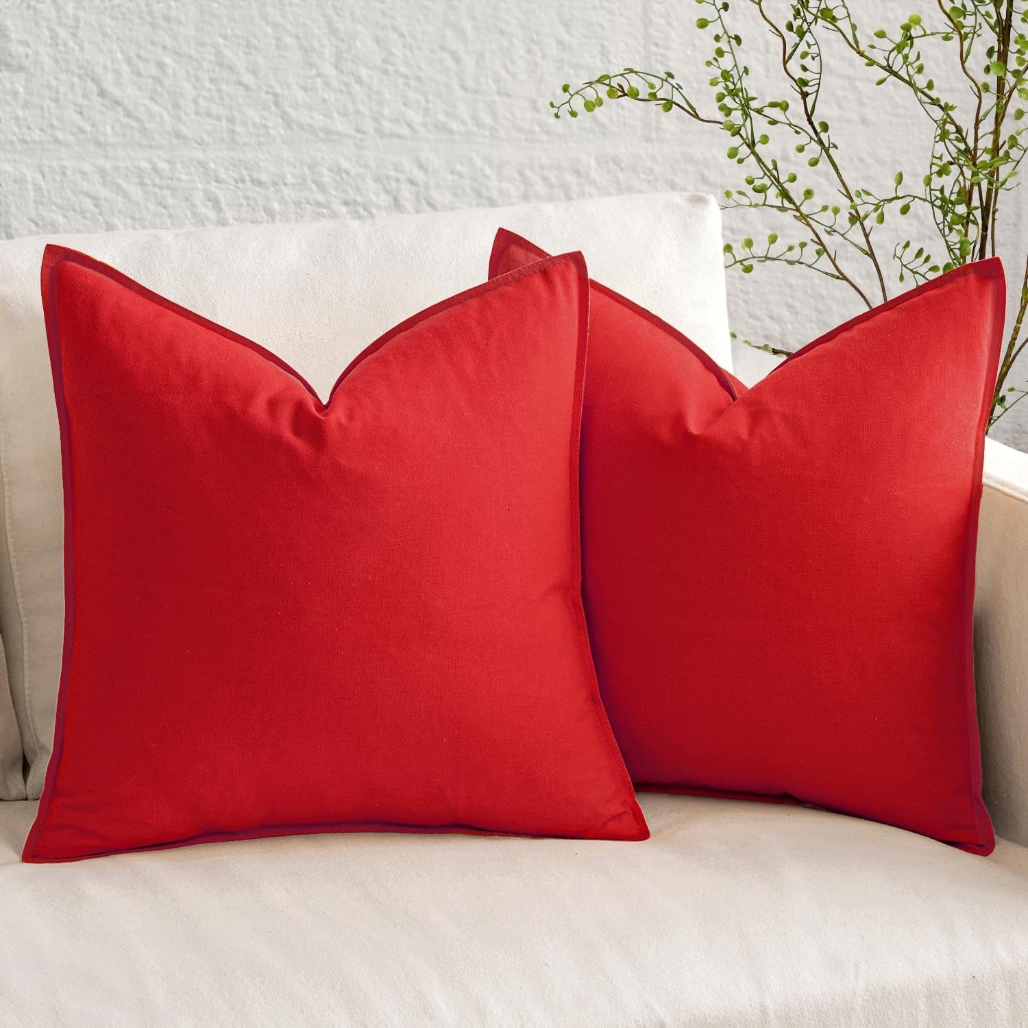 Pack of 2 Christmas Decorative Linen Pillow Covers Boho Farmhouse Modern Soft Accent Throw Pillows Neutral Cushion Covers for Sofa Couch Bed Living Room Home Decor, 18X18 Inch Christmas Red