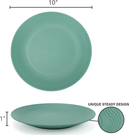 Set of 8 Microwave and Dishwasher Safe Wheat Straw Flat Dinner Plates - Unbreakable 10-Inch Kids Plates in Green, Model MS 01