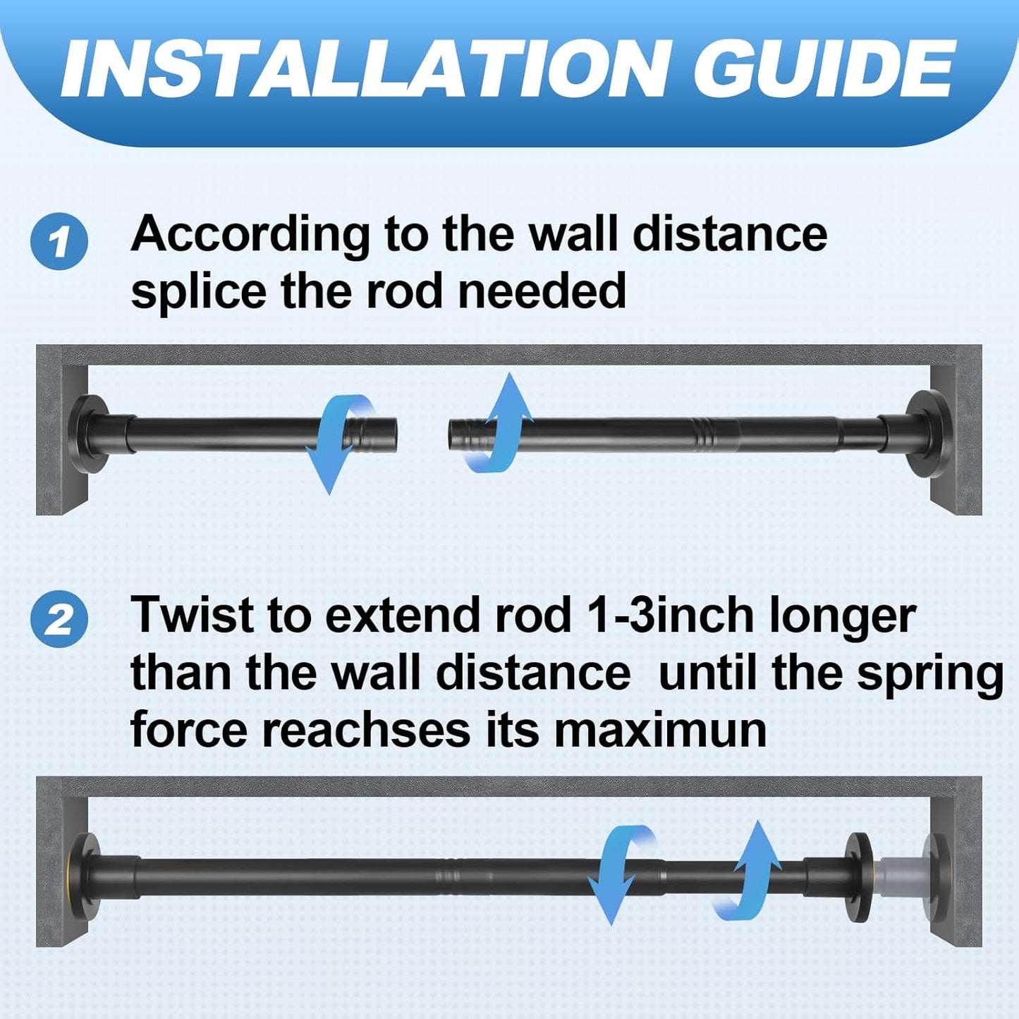 Black Shower Curtain Rod 32 to 43 Inch,1 Inch Diameter Adjustable Spring Tension Stainless Steel Telescoping Rod,Easy Install,No Rust