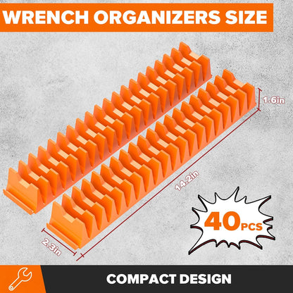 40PCS Modular Wrench Organizer Wrench Holder - Wrench Tool Organizers for Tool Drawer Storage, Wrench Storage Set with Metric & SAE Label, Wrench Rack Tool Gift for Professional Mechanics, Orange