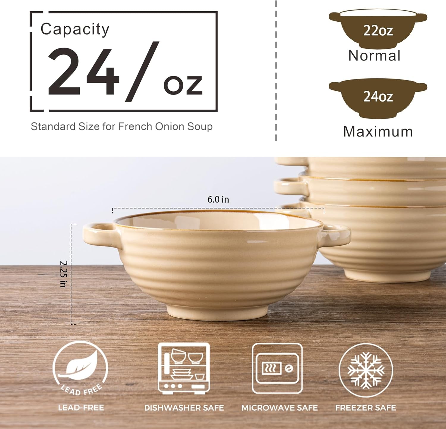 Ceramic Soup Bowls with Double Handles, 24 oz Set of 4 - Ideal for Soup, Cereal, Stew, Salad, Noodles, Ramen - Microwave and Dishwasher Safe