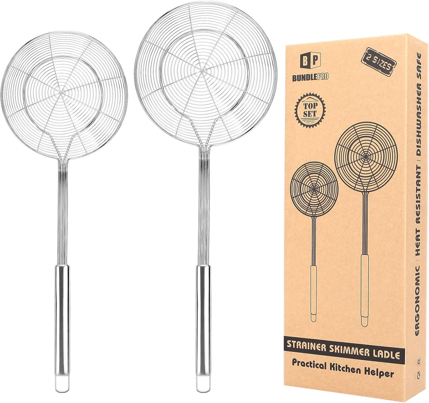 Pack of 2 Large Spider Strainer, Stainless Steel Skimmer Basket,Kitchen Ladle Strainers,Mesh Spoons with Long Handle, Cooking Tools for Frying, Boiling Noodles, Dumplings, Pasta