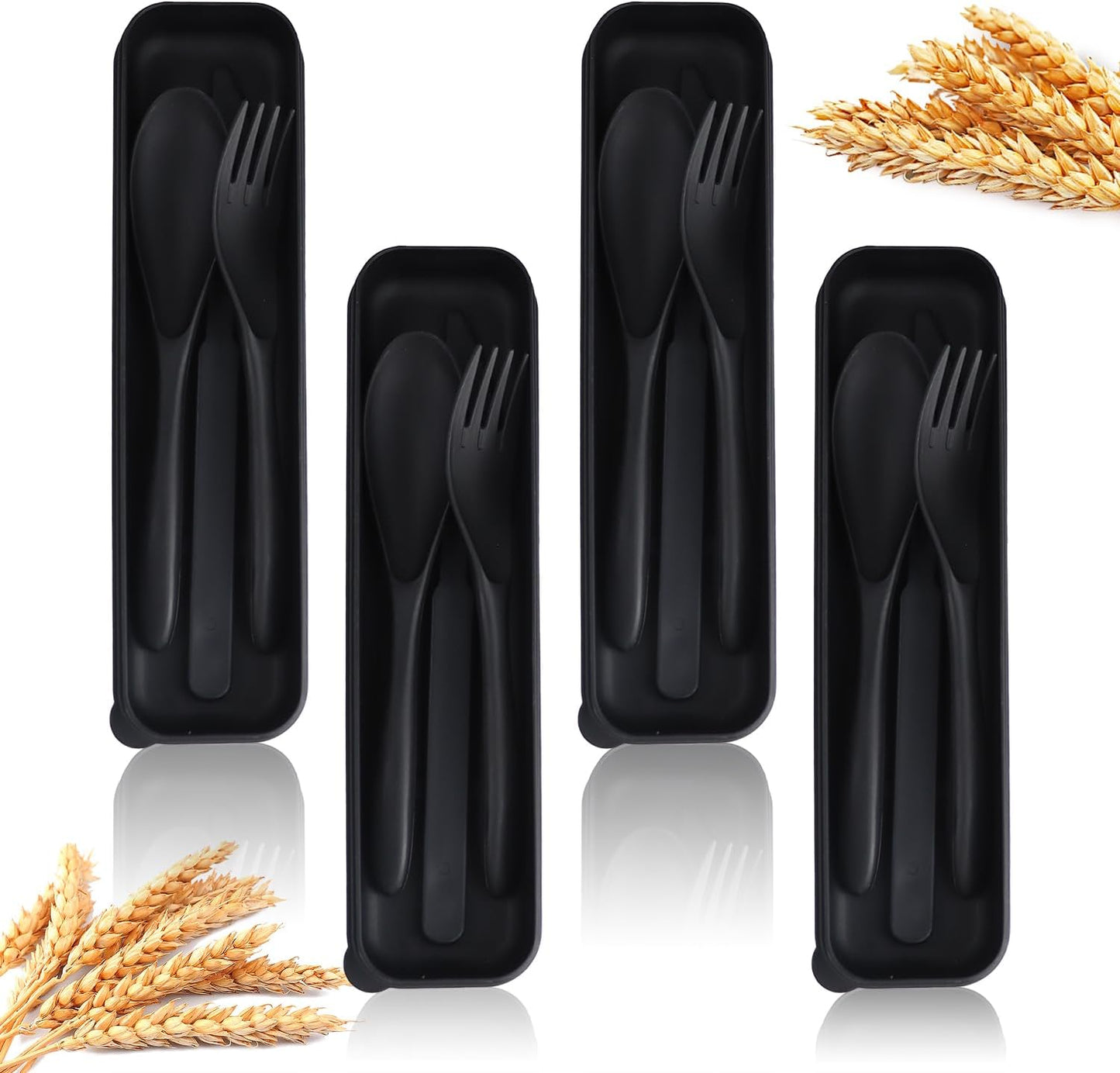 Premium Reusable Travel Utensils Set with Case - 4-Piece Wheat Straw Portable Cutlery for Work, Camping, Picnics, and School (Black)