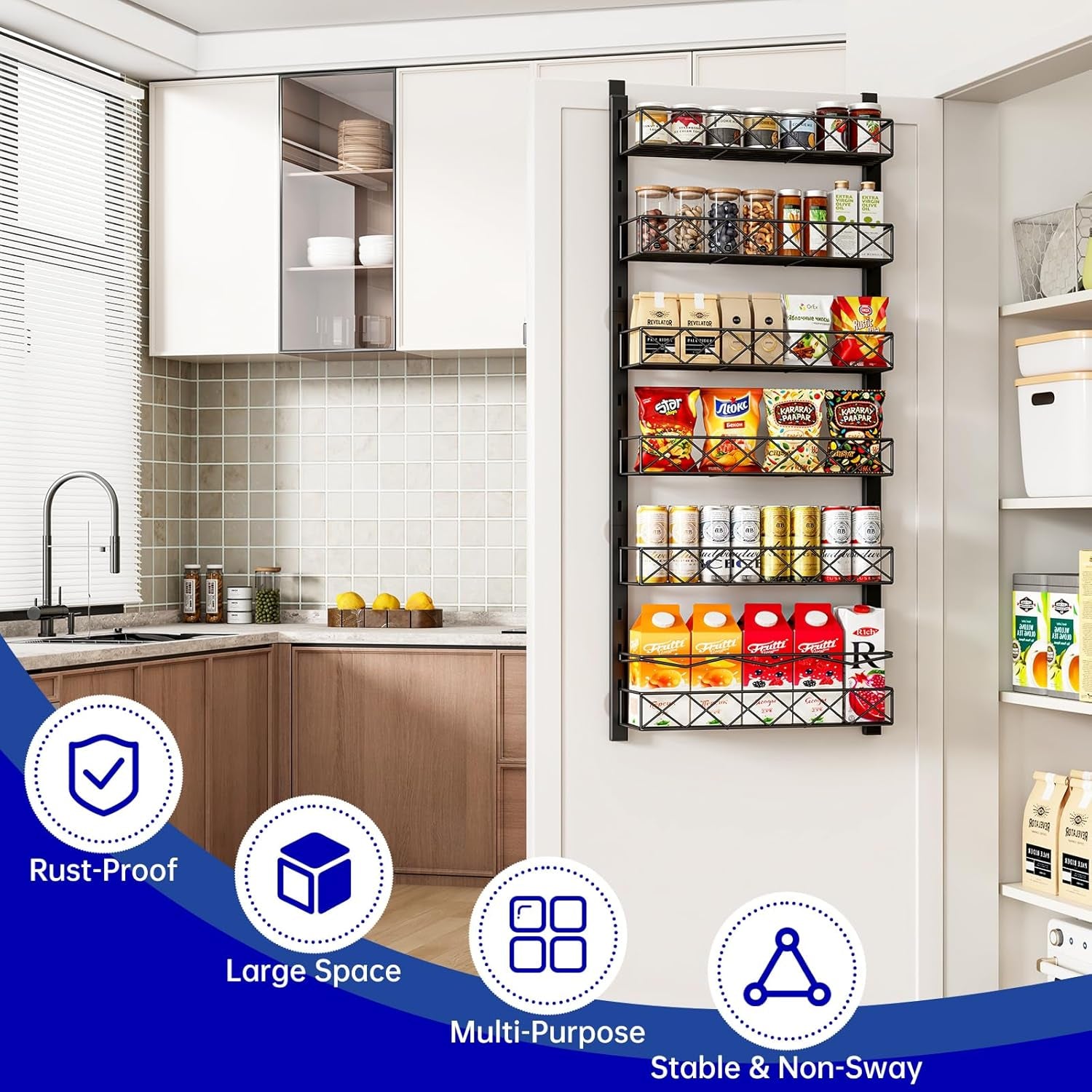 over the Door Organizer, Black 6-Tier Pantry Door Organizer with Adjustable Basket, Hanging Spice Rack Cabinet Door Shelves, Laundry Room Organization and Storage