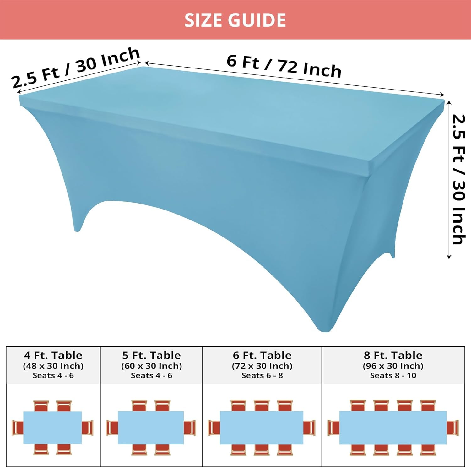 Spandex Tablecloth 2 Pack [6FT, Blue Mist] Tight, Fitted, Washable and Wrinkle Resistant Stretch Rectangular Patio Table Cover for Event, Wedding, Banquet & Parties [72Lx30Wx30H Inch]