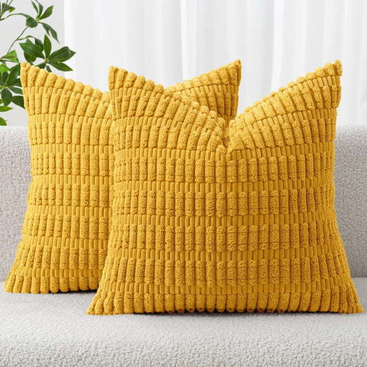 Pack of 2 Corduroy Decorative Throw Pillow Covers 18X18 Inch Soft Boho Striped Pillow Covers Modern Farmhouse Home Decor for Summer Sofa Living Room Couch Bed Mustard Yellow