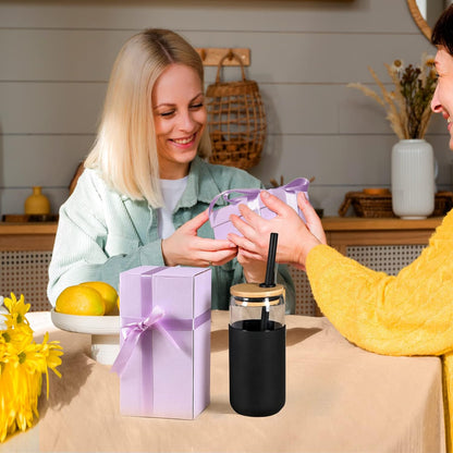 20Oz Glass Water Tumbler with Silicone Protective Sleeve - Beer Can Glass Cups with Straw and Bamboo Lid, Iced Coffee Glasses, Cute Drinking Glasses For, Water Smoothie, Boba Tea, Gift - Black