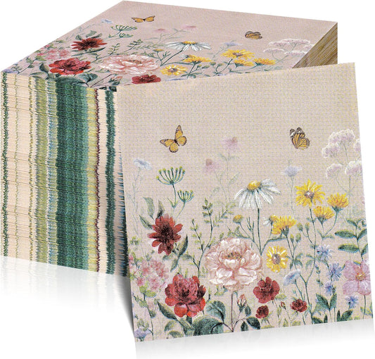 100Pcs Floral Paper Napkins,Spring Wildflower Napkin Disposable Flower Cocktail Napkins for Wedding, Birthday,Baby Shower,Easter,Mothers Day Party Decorations and Supplies