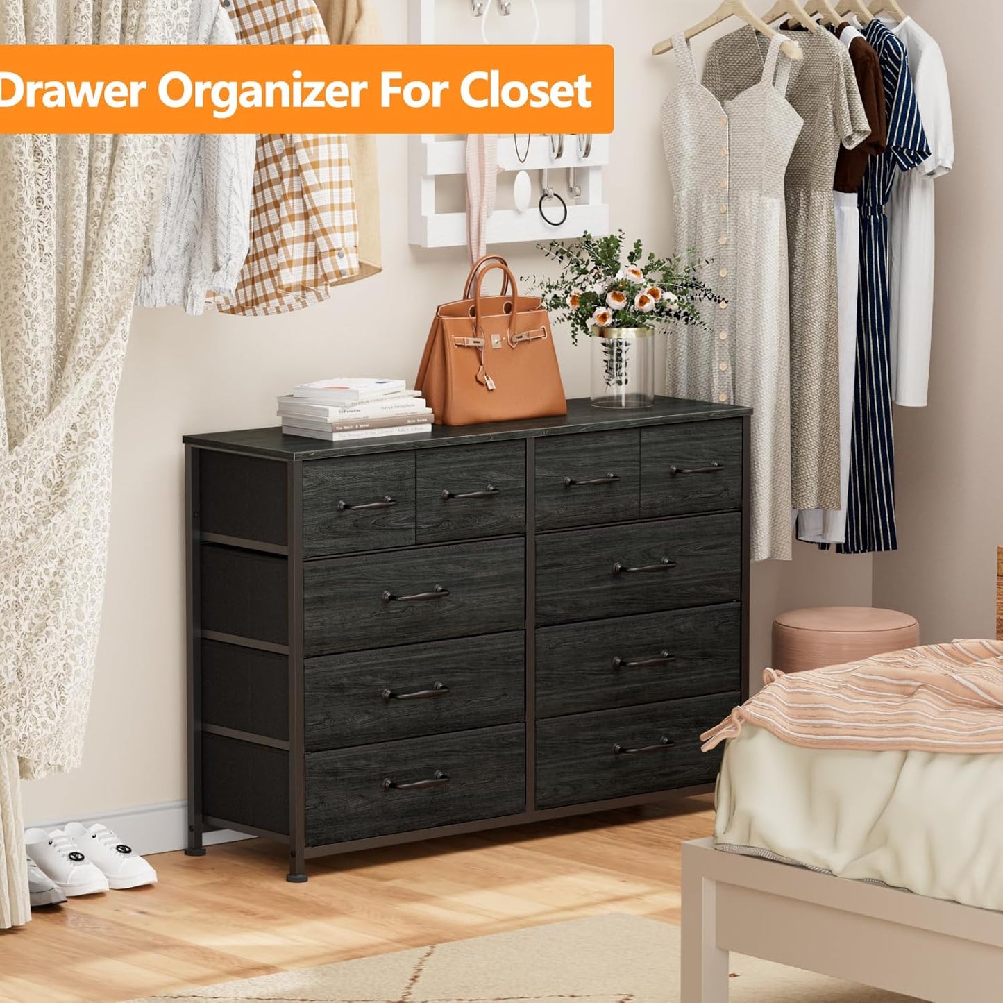 Black Oak Bedroom Dresser and TV Stand Entertainment Center with 10 Fabric Storage Drawers and Sturdy Metal Frame for Living Room and Entryway