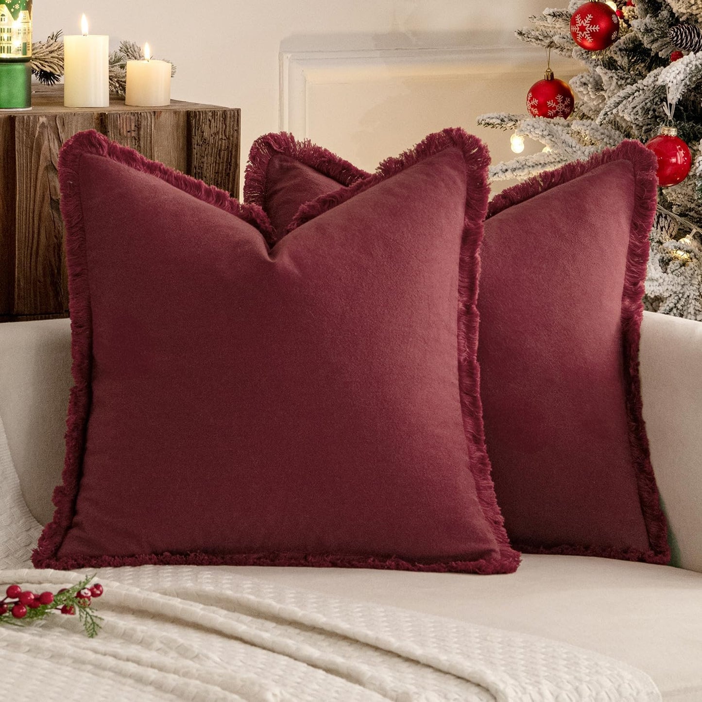 Throw Pillow Covers Boho Farmhouse 24X24 Christmas Set of 2 Decorative Burgundy Red Eruo Sham Couch with Fringe Chic Cotton Pillowcases Home Decor Accents for Cushion Soft Bed Living Room