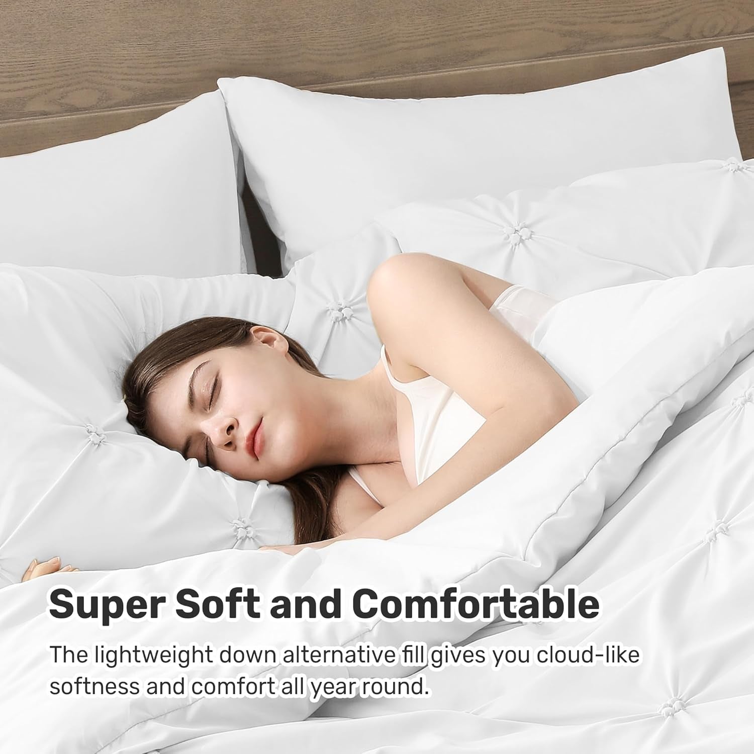Queen Comforter Set White - Lightweight Soft Pintuck down Alternative Bedding Set for Summer, All Seasons, 3 Pieces Pinch Pleat Solid Bed Set with Comforter, 2 Pillowcases