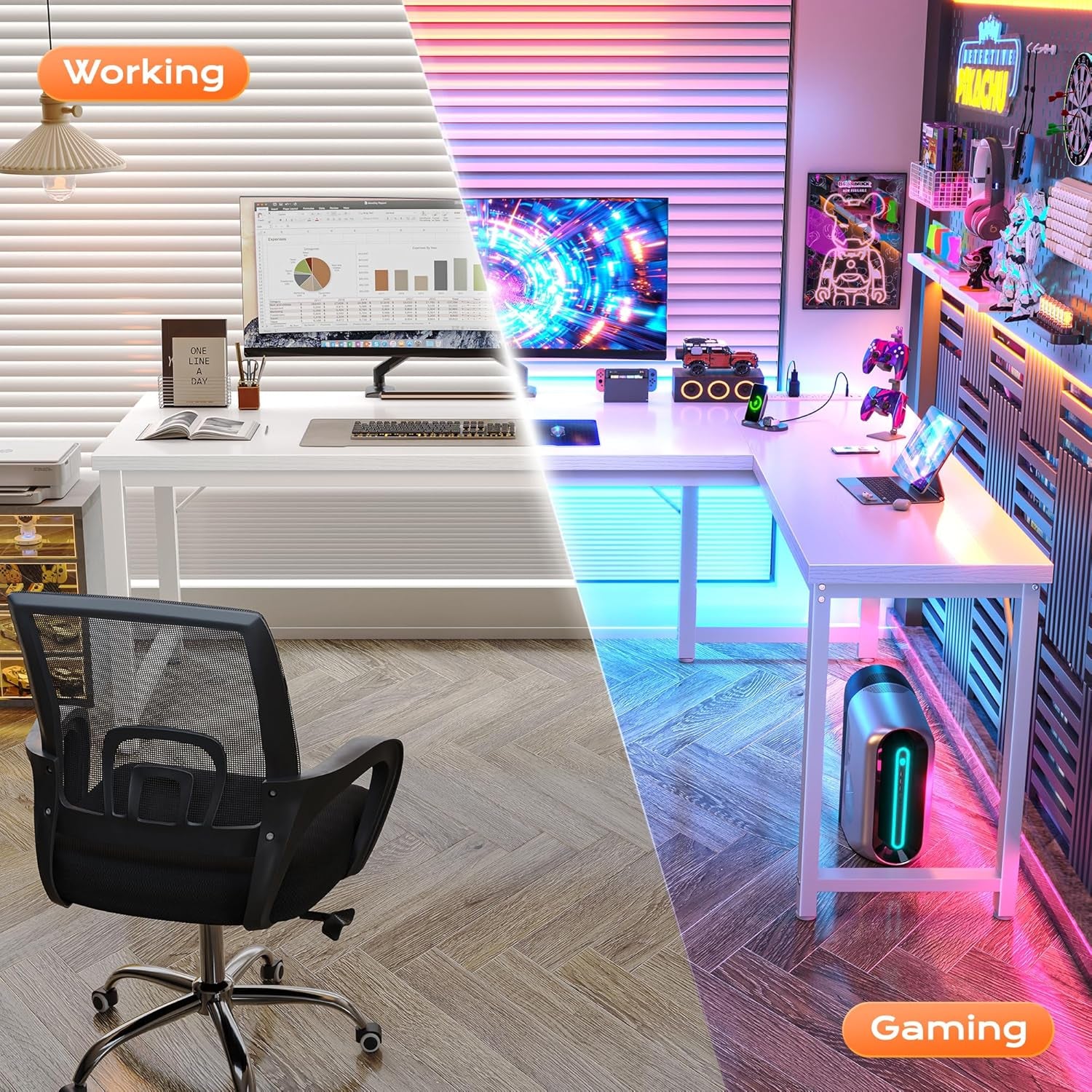 63-Inch L-Shaped Desk with Integrated Power Outlets and USB-C Port, Reversible Design, Spacious Corner Gaming and Office Desk, 0.95-Inch Thick Desktop, Sturdy Metal Frame, Ideal for Home Office and Study, White Finish