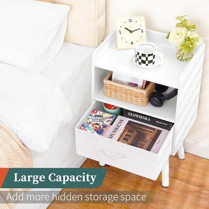 Modern Nightstand with Drawer, Bedside Tables, Mid Century Nightstands with Open Storage Shelf, Wood Bedside Table, Small Night Stands for Bedrooms, 2-Tier Night Table