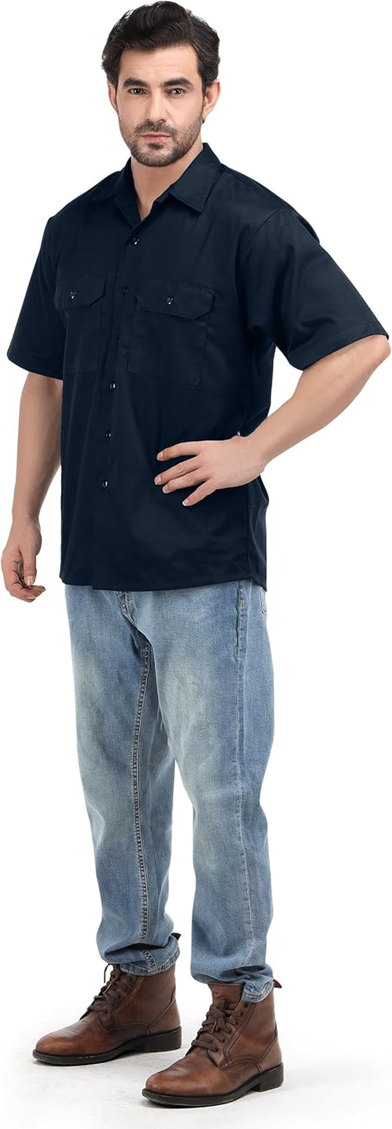 Men'S Work Shirt Two Pockets Short Sleeve Durable Work Wear