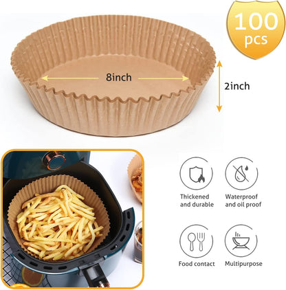 Air Fryer Paper Liners 8Inch, 100PCS Non-Stick Parchment Paper,Oil Resistant,Disposable Food Grade Free of Bleach Paper round for 5-8 QT Air Fryer Baking Roasting Microwave