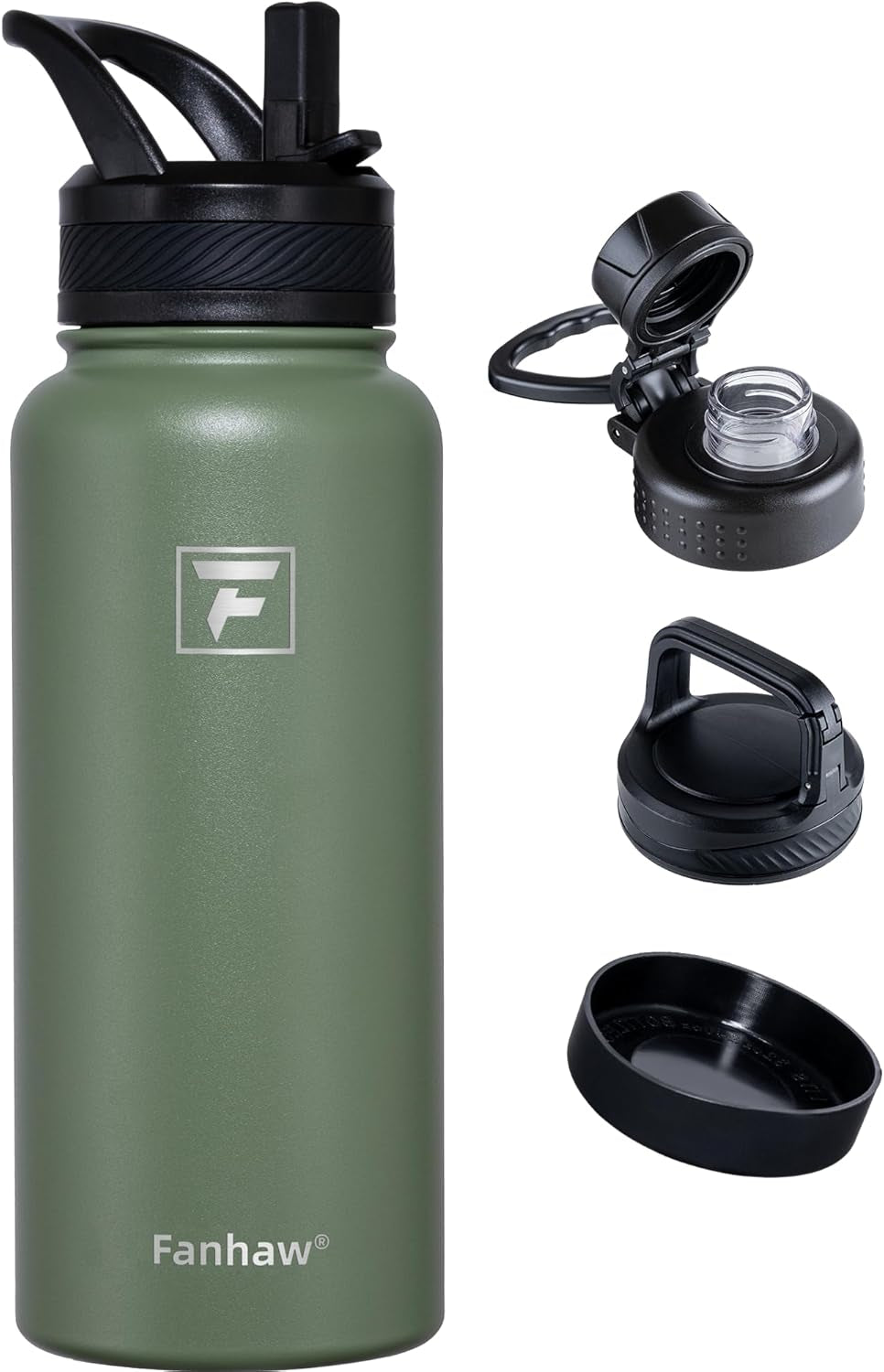 32 Oz Insulated Water Bottle – Portable Stainless Steel Flask with 3 Lids (Straw, Spout, Carabiner) | Leakproof, for Gym, Hiking, Work, Travel & Everyday Use (Olive Green)