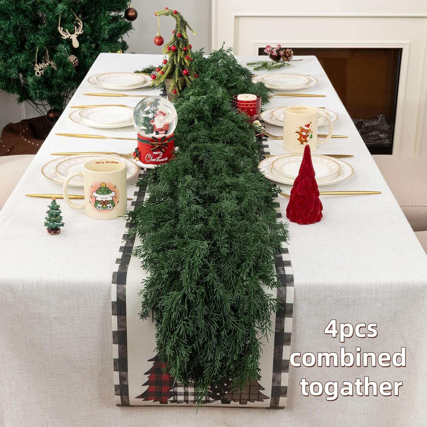 2Pcs Artificial Cedar Garland Real Touch Winter Pine Seasonal Christmas Greenery Garland for Table Mantle Background Wall Decorations (2, 6.4 FT)
