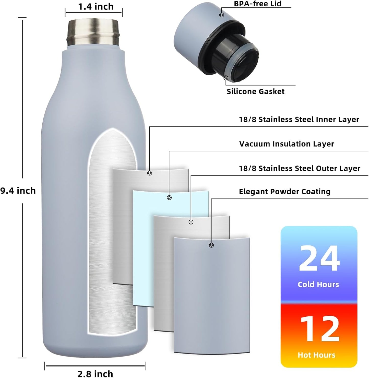 Insulated Water Bottles, 18 Oz Stainless Steel Metal Water Bottle with Strap, BPA Free Leak Proof Thermo, Mugs, Flasks, Reusable Thermo for Sports & Travel, Mist Grey