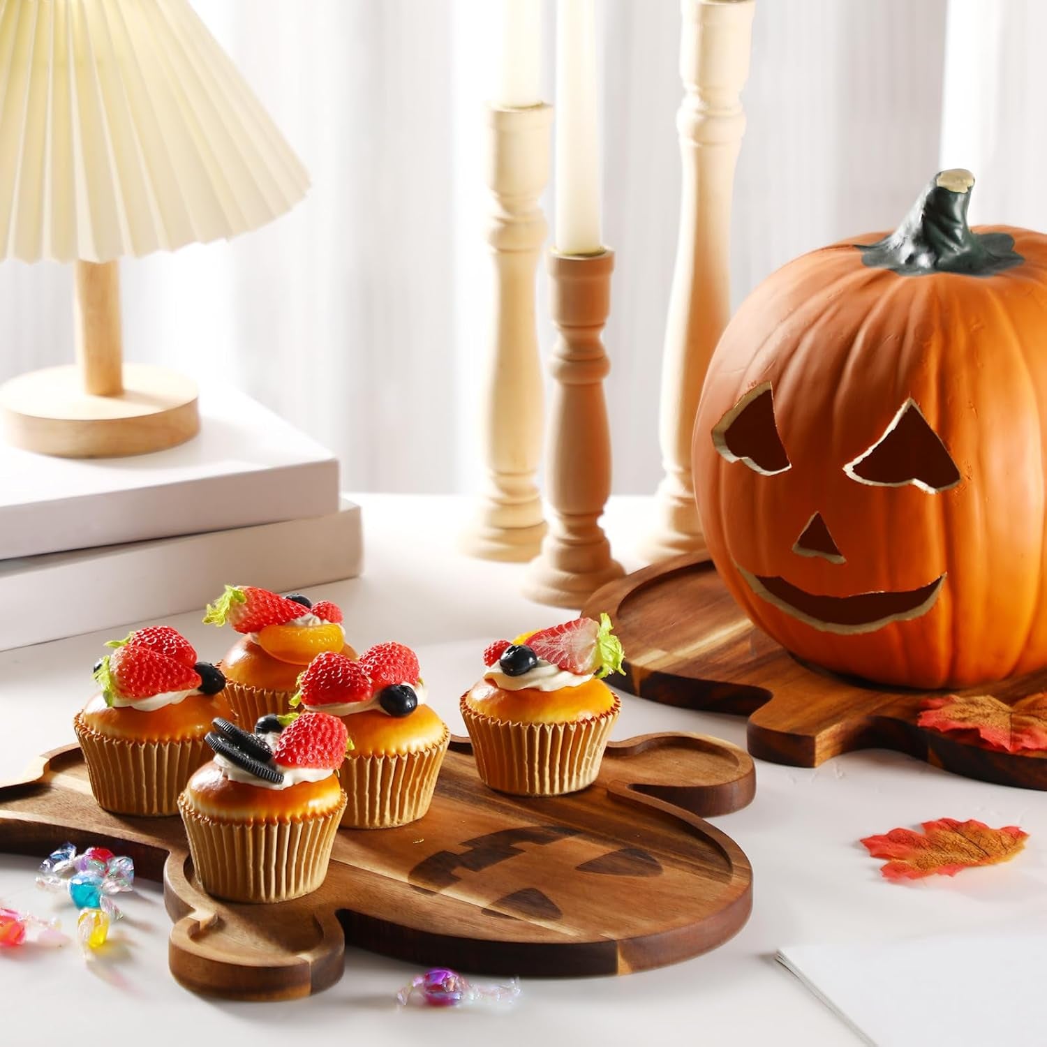 Set of 2 Halloween-Themed Acacia Wood Charcuterie Boards - Pumpkin and Ghost Shaped Cutting Boards with Handles for Serving Cheese, Vegetables, and Salads