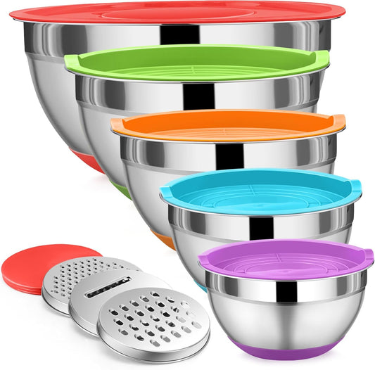 Mixing Bowl with Lid Set, 5 Piece Stainless Steel Mixing Nesting Bowls for Salad Storage, 3 Grater Attachments & Non-Slip Bottoms, Size 1/1.5/2 / 2.6/4.6 QT, Multicolor