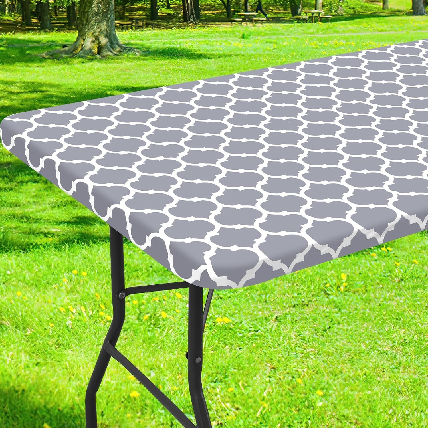 Waterproof Elastic Fitted Table Covers, Wipeable Flannel Backed Vinyl Tablecloths for Camping, Indoor, Outdoor (30"X72",Grey+ 30"X72",Blue)