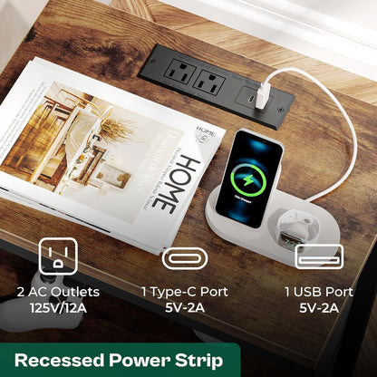 Rustic Brown and Black Nightstand with Integrated Charging Station, 27.6 Inch End Table Featuring USB Ports and Outlets, Fabric Drawers for Bedroom Use