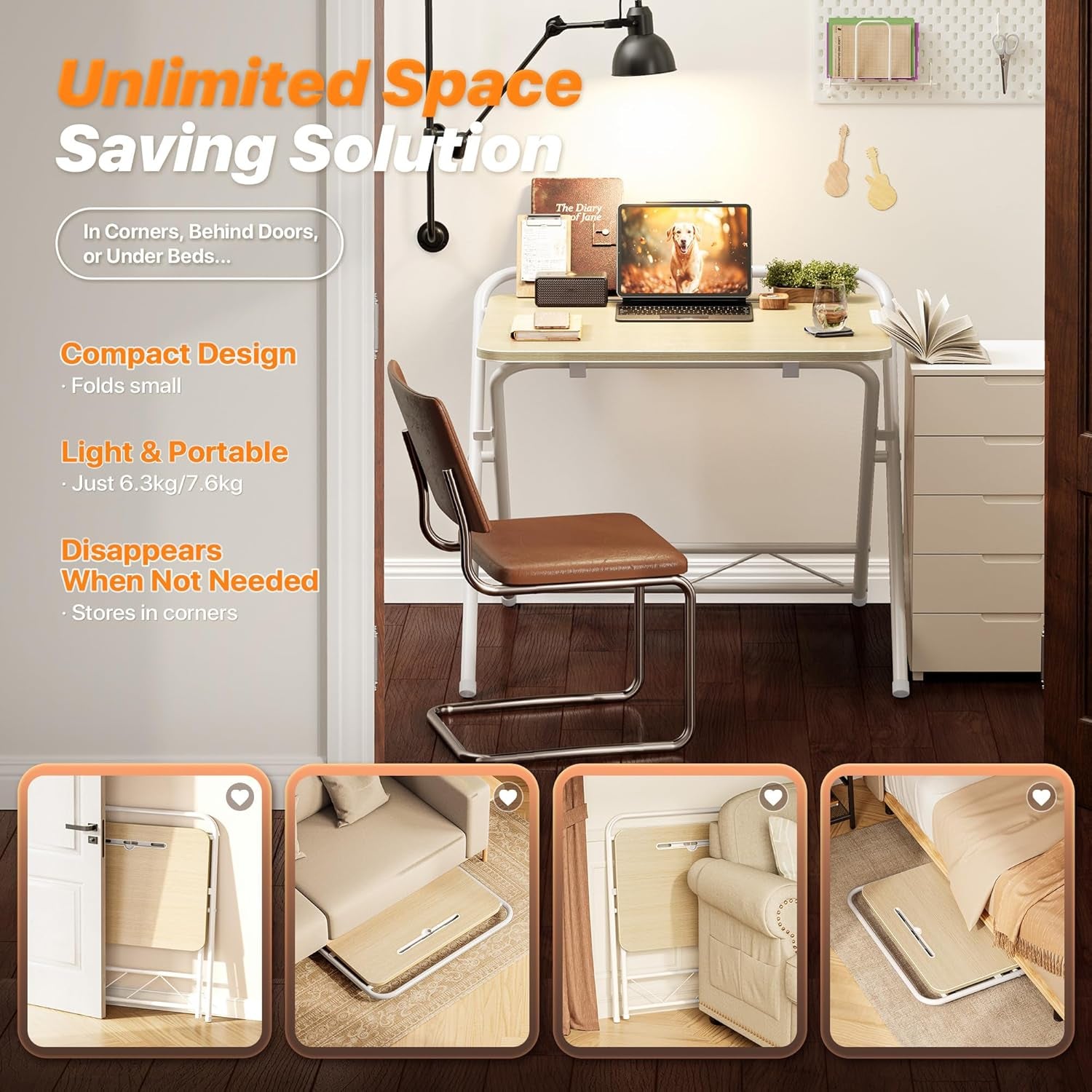 Adjustable Height Folding Desk with Tablet Slot, 24-Inch Compact Computer Desk for Small Spaces, Ideal for Home Office, Bedroom, and Study, Oak Finish