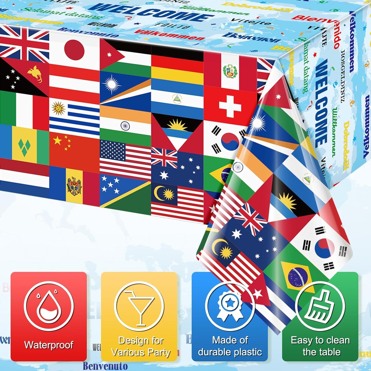 3 Pack International Flag Tablecloths Disposable World Flag Table Cover Rectangle Plastic Table Cloth for Soccer Sports Events Beer Party Celebration Olympics Party Decorations,108 X 54 Inch