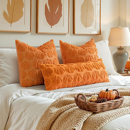 Fall Throw Pillow Covers 18X18 Set of 2 Autumn Decorations Orange Pumpkin Accent Pillowcase for Outdoor Porch Sofa Couch Bed Living Room Plush Faux Fur Halloween Farmhouse Home Decor