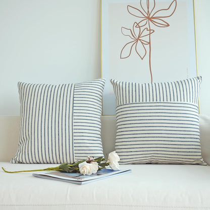 Navy Blue and Beige Patchwork Farmhouse Pillow Covers 20X20 Inch, Pack of 2 Striped Linen Decorative Modern Accent Pillow Cases for Sofa Couch Bedroom 20 X 20