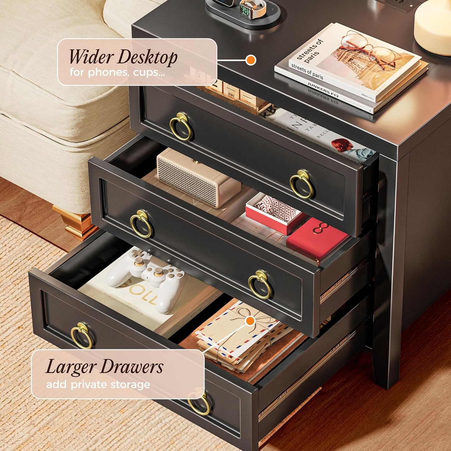 23.6-Inch Modern Nightstand with Charging Station and USB-C Port, Three Drawer Bedside Table, Black Finish