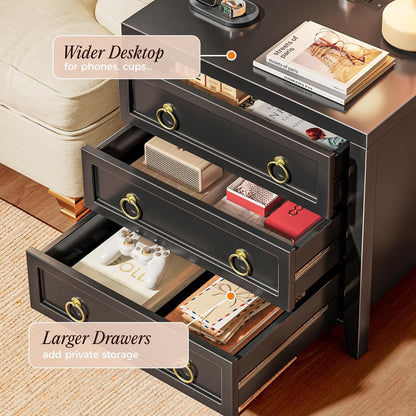 23.6-Inch Modern Nightstand with Charging Station and USB-C Port, Three Drawer Bedside Table, Black Finish