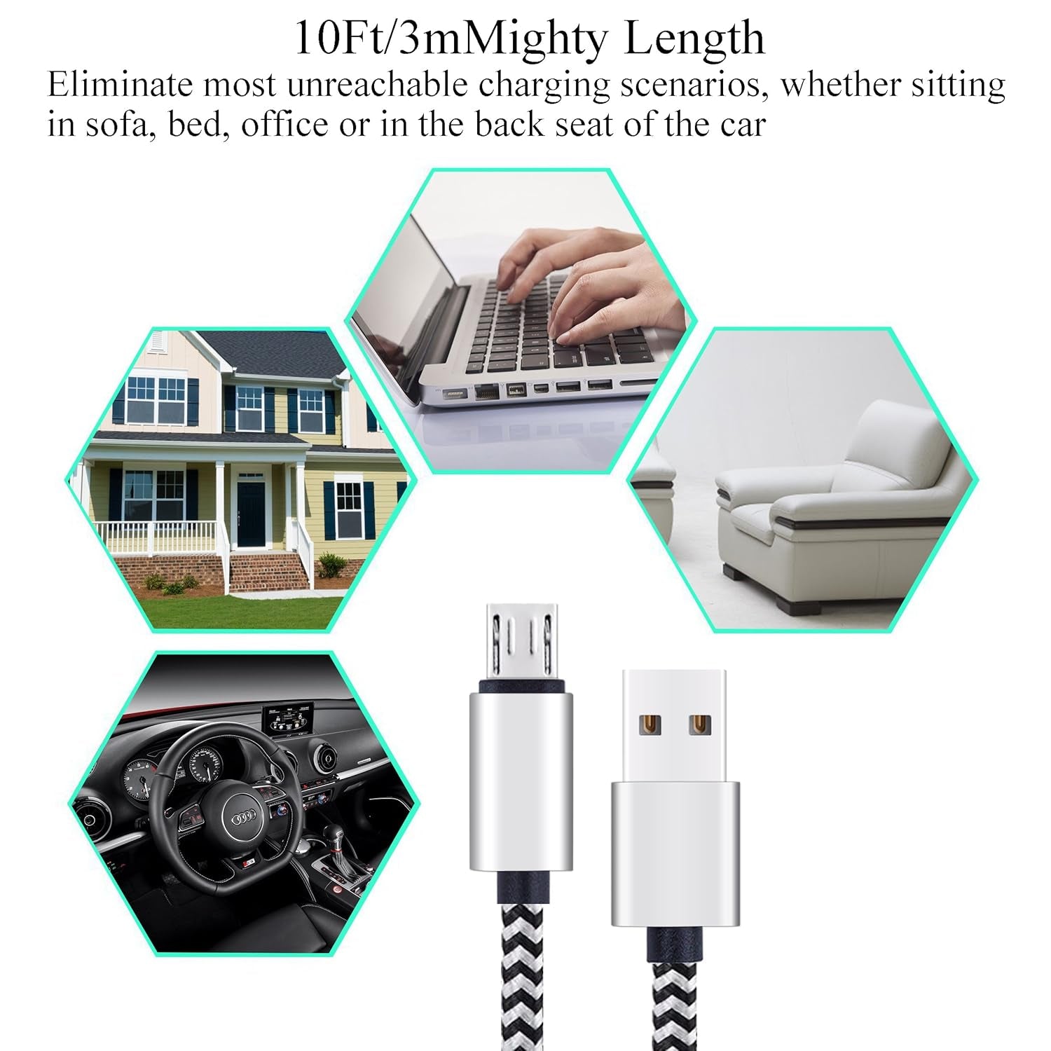 Micro USB Cable,[10Ft3Pack], High Speed 2.0 USB a Male to Micro USB Sync & Charging Nylon Braided Cable for Android Smartphone Tablets Wall and Car Charger Connection[Silver&Blackwhite]