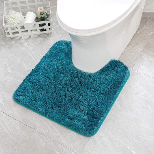 Microfiber Toilet Bath Mat U-Shaped Contour Shaggy Bathroom Rugs Non Slip Extra Thick Soft Bath Rug Absorbent Water for Bathroom Commode Machine Washable(20X20 Inch, Teal)