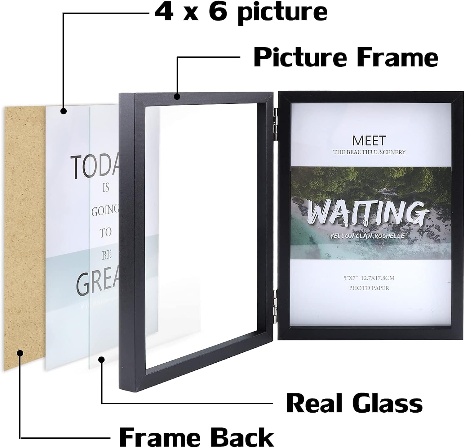 Set of Two 4x6 Double Hinged Folding Picture Frames with Glass Stand (Black)