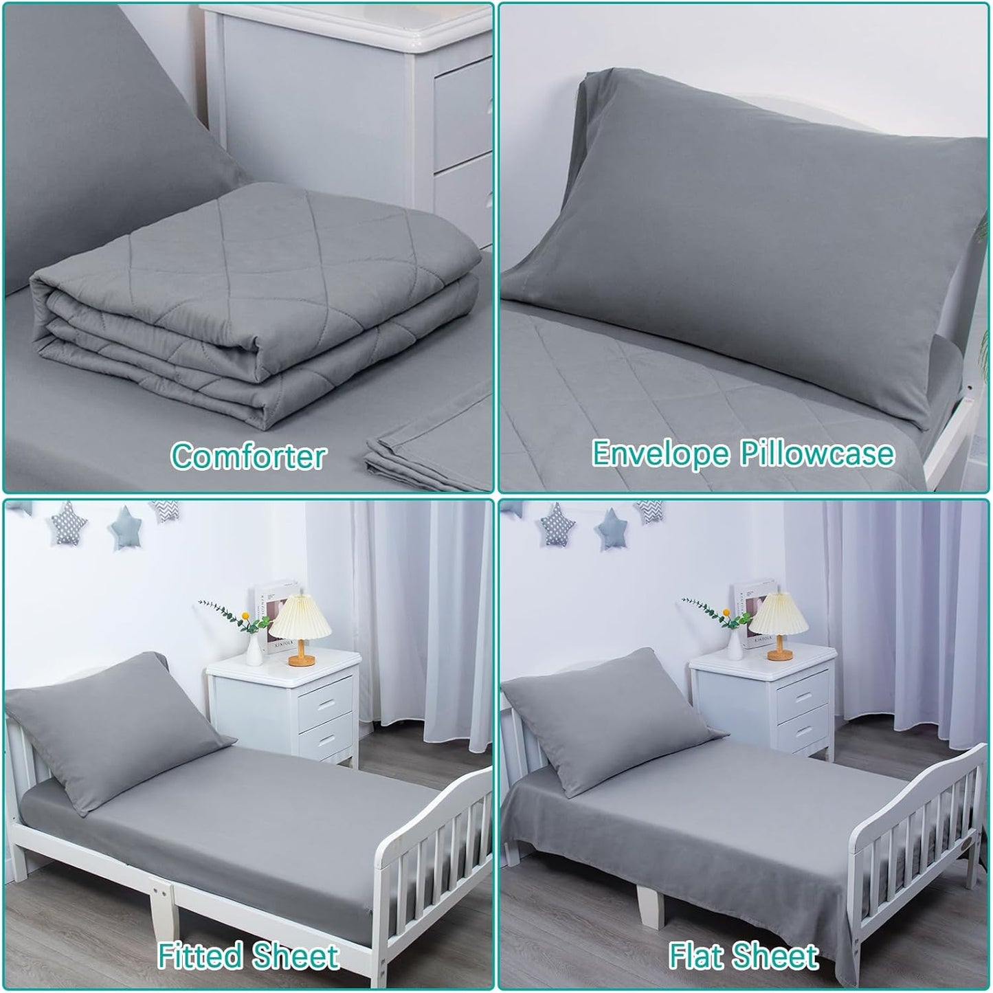 4 Piece Toddler Bedding Set,Ultra Soft and Breathable Crib Bedding Set,Includes Quilted Comforter,Fitted Sheet,Flat Top Sheet and Envelope Pillowcase for Boys and Girls,Grey